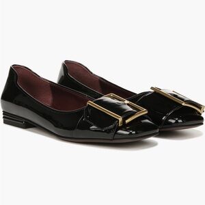 Franco Sarto Tahlia Black Patent Square Toe Flats with Gold Buckle sz 8